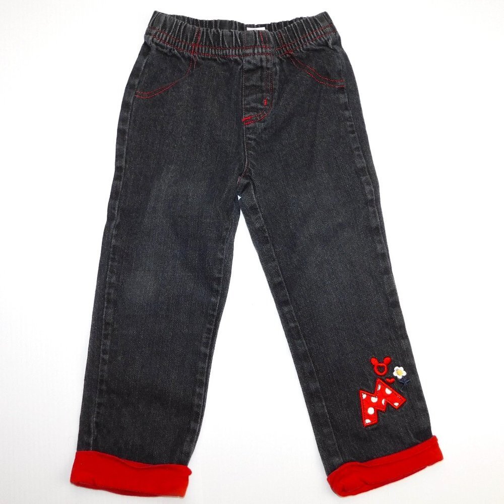 Disney Minnie Mouse Red Black Pull-on Jeans Toddler Girls 3T embroidered M